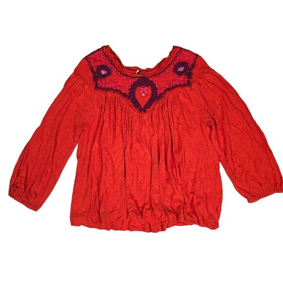 Free People Tops - Free People Begonia Embroidered Top Blouse in Red Sz Medium